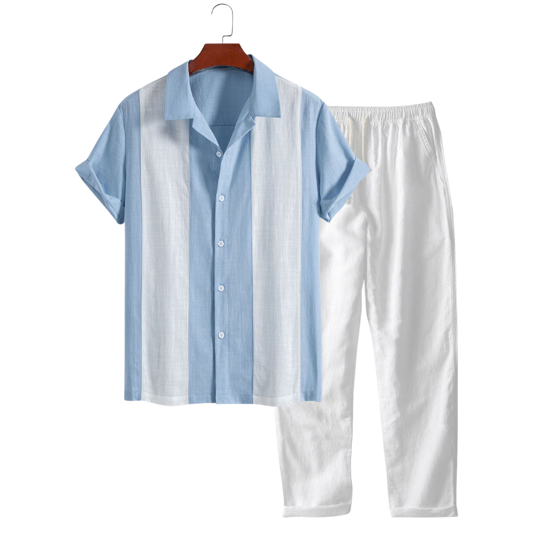 Light blue Torsten™ short-sleeved two-piece outfit by Emma & Rose Manhattan, featuring a matching top and shorts.