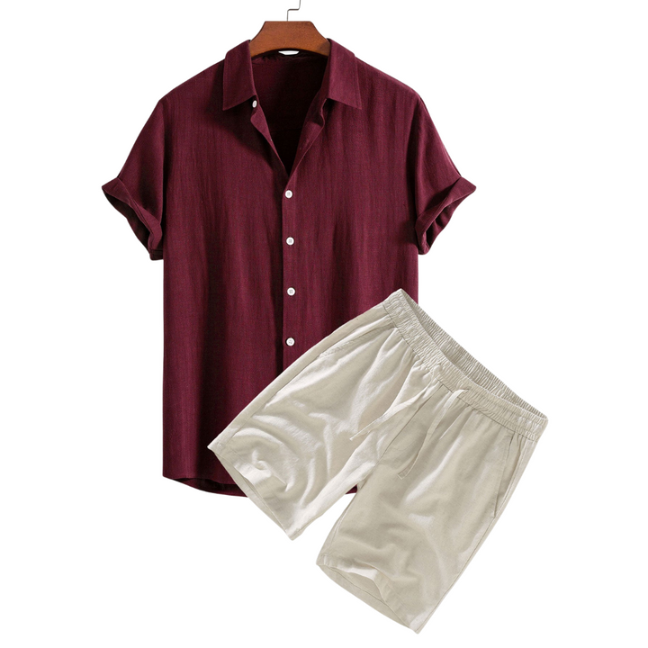 Maroon summer two-piece outfit by Emma & Rose Manhattan featuring a short-sleeved top and matching shorts.