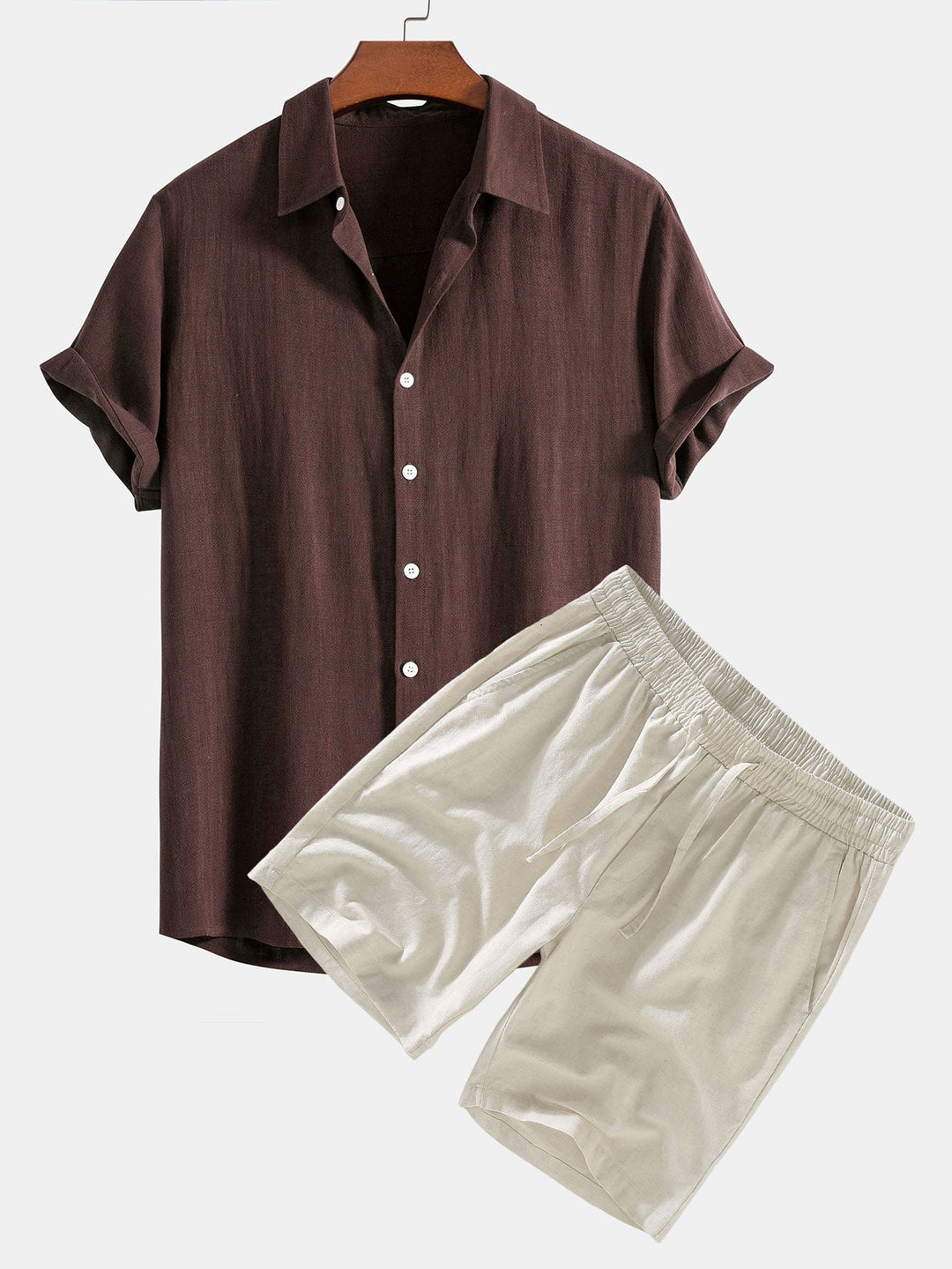 Maroon summer two-piece outfit by Emma & Rose Manhattan featuring a short-sleeved top and matching shorts.