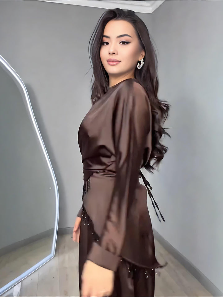 Chocolate Satin Dress & Beaded-Fringe Overlay Set