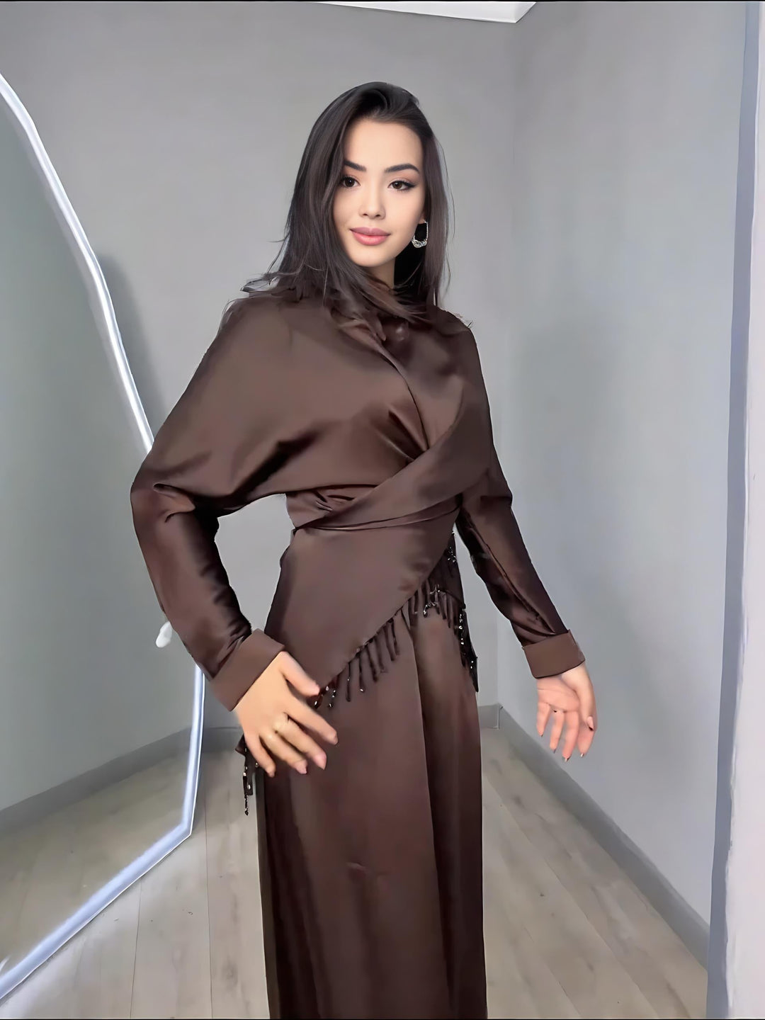 Chocolate Satin Dress & Beaded-Fringe Overlay Set