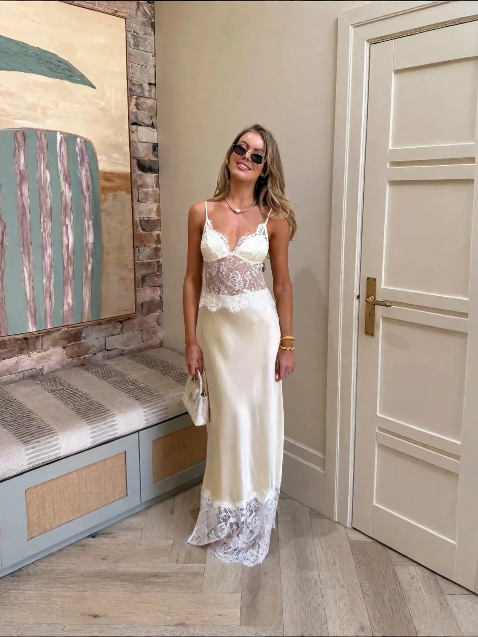 Satin & Lace Spliced V-Neck Maxi Dress