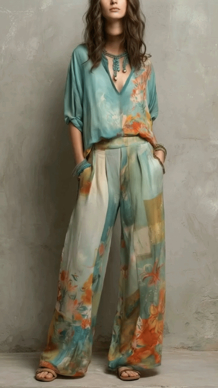Nina™ | Elegant Floral Set with Wide Legs