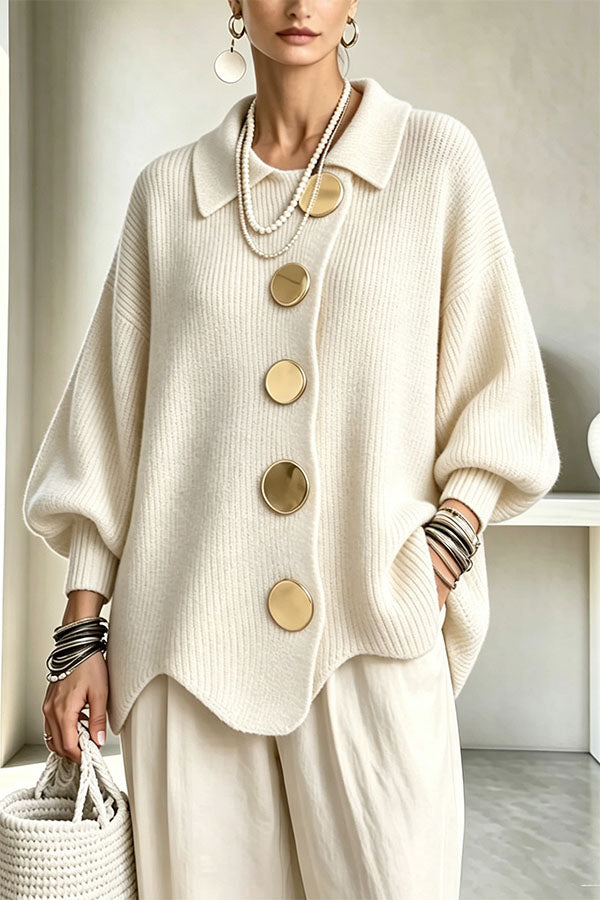 Shelia Knit Oversized Metal Buckle Balloon Sleeve Lapel Cardigan (Shipped Within 24 Hours)