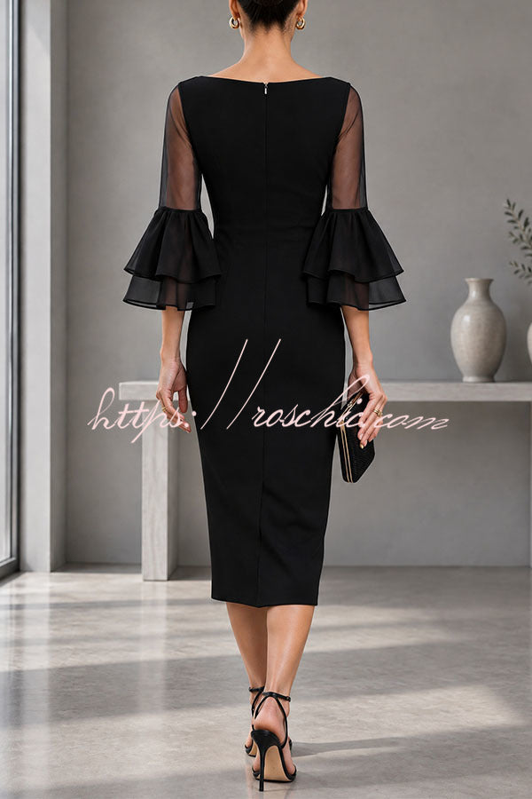 Formal Boat Neck Sheer Double Layer Bell Sleeve Bodycon Midi Dress