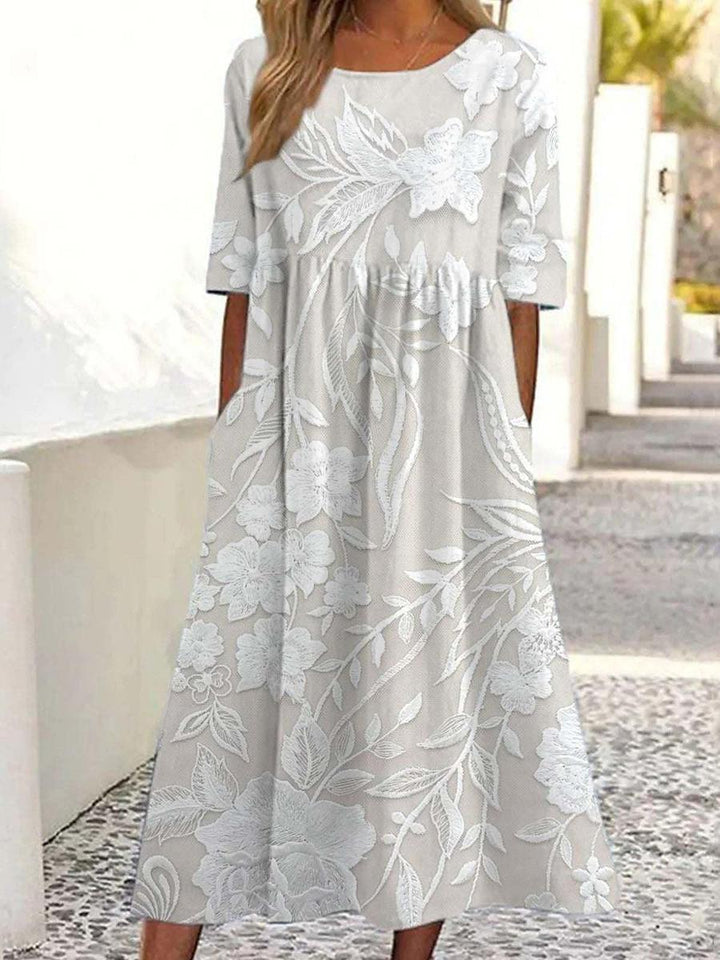 Dovie Timeless Long Floral Dress with 3/4 Sleeves - Elena Harper