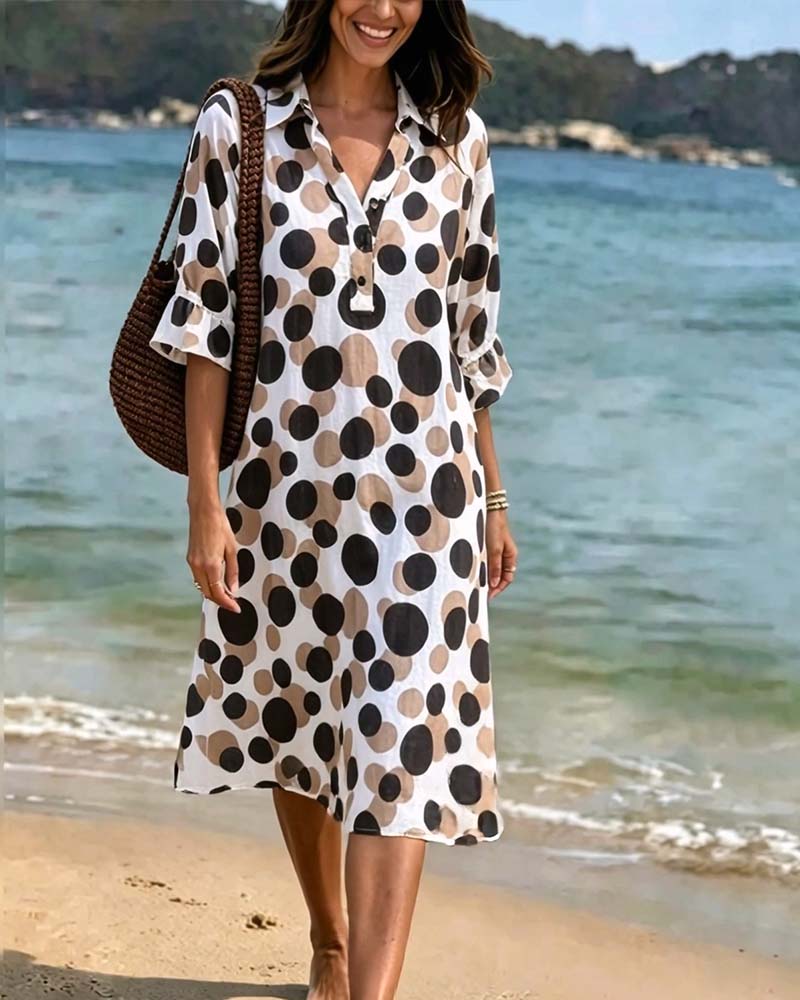 Elegant polka dot women's dress with fluid V-neck, view 3 - Elena Harper