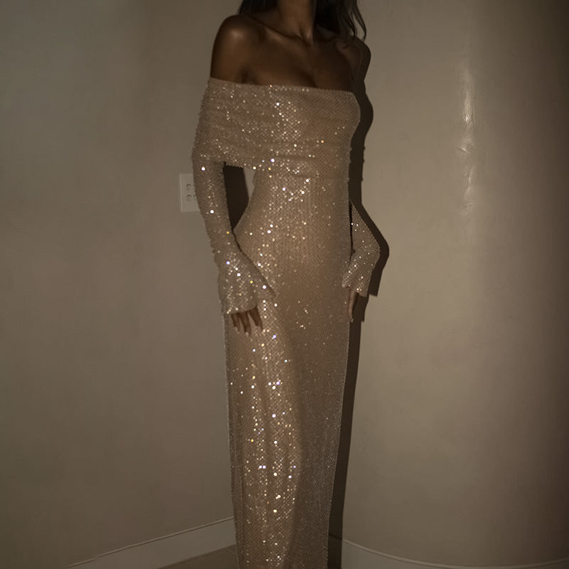 Ladies Off-Shoulder Maxi Dress Solid, Comfortable for Evening Wear, With Glitter, view 4 - Elena Harper