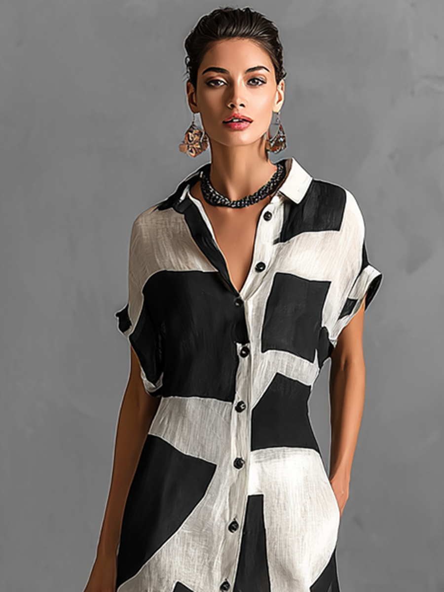 Women's Cotton And Linen Blend Irregular Geometric Print Lapel Single-Breasted Short-Sleeved Maxi Shirt Dress, view 4 - Elena Harper