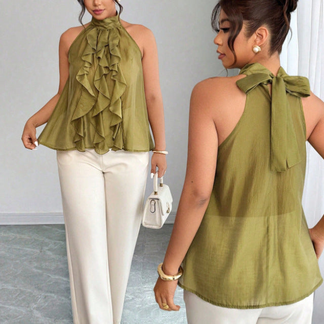 Plus Size Women's Halter Neck Top with Ruffled Hem