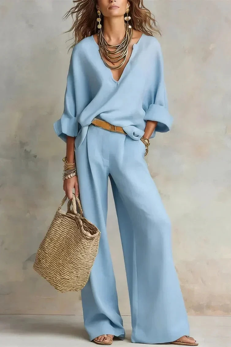 Fluid Women's Ensemble with V-Neck and Wide Pants