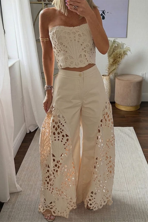 Sienna Embroidered Cut-Out Palazzo Pants Two-Piece Set - Elena Harper