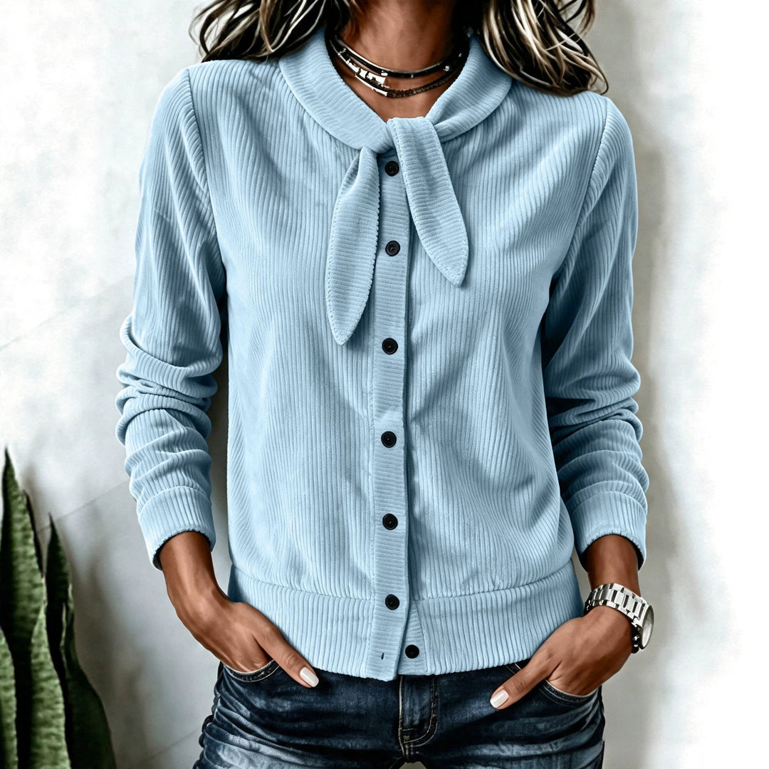 Women's Buttoned Sweater with Velvet Bow - Soft and Refined