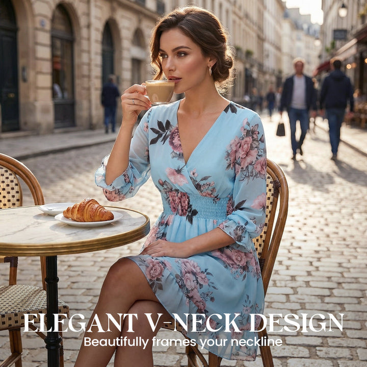 Short Women's Fluid Floral V-Neck Dress for a Light and Elegant Summer Style