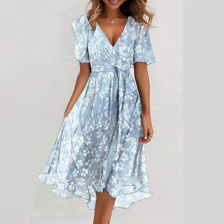 Women's Midi Floral Wrap Dress – A-Line Style with Short Sleeves