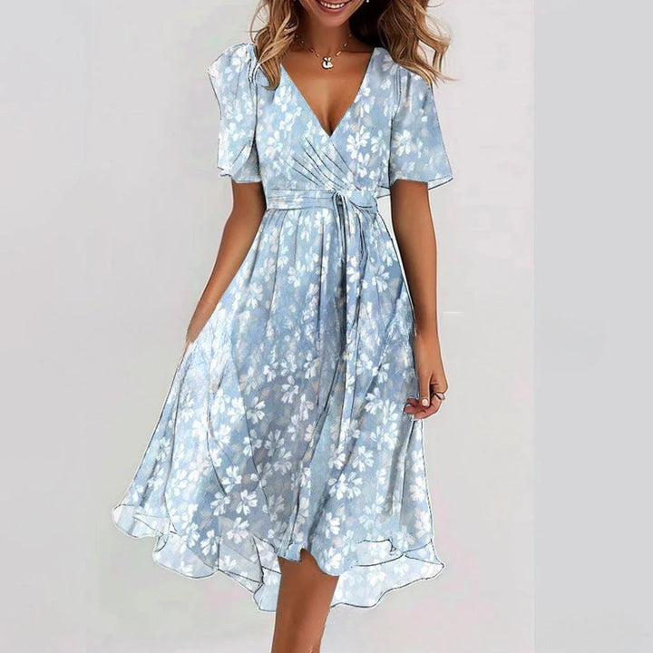 Women's Midi Floral Wrap Dress – A-Line Style with Short Sleeves