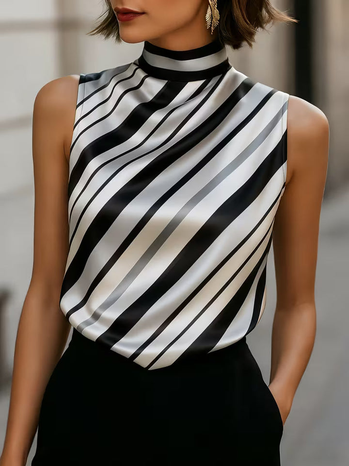 Alyza Sleeveless High Neck Striped Satin Top, view 2 - Elena Harper