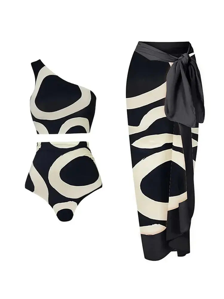 One-Shoulder Colorblock High-Waist Bikini Set, view 3 - Elena Harper