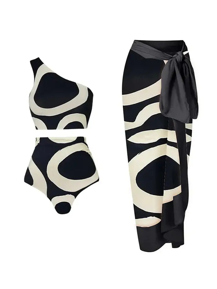 One-Shoulder Colorblock High-Waist Bikini Set, view 3 - Elena Harper