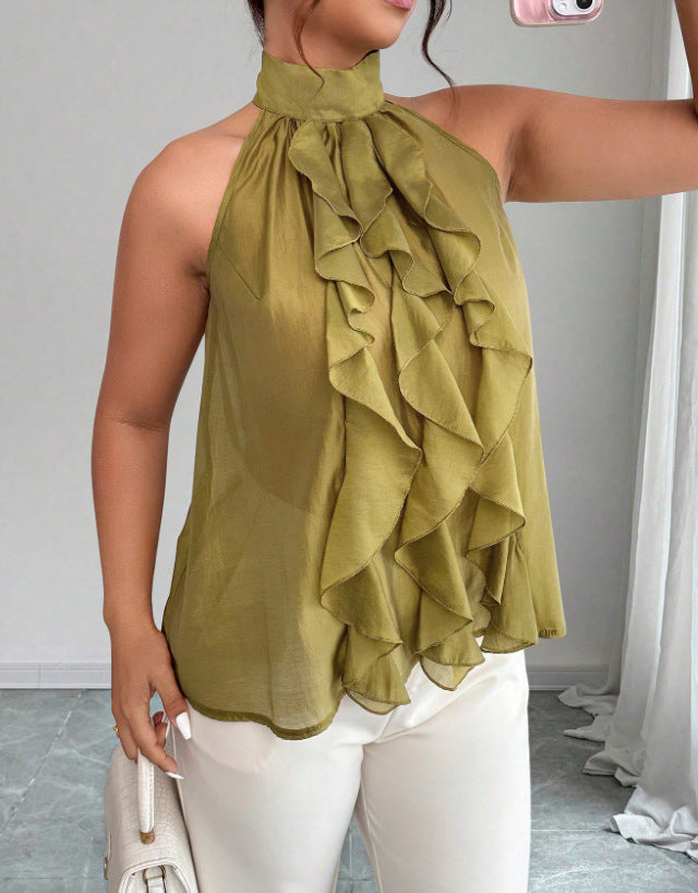 Plus Size Women's Halter Neck Top with Ruffled Hem