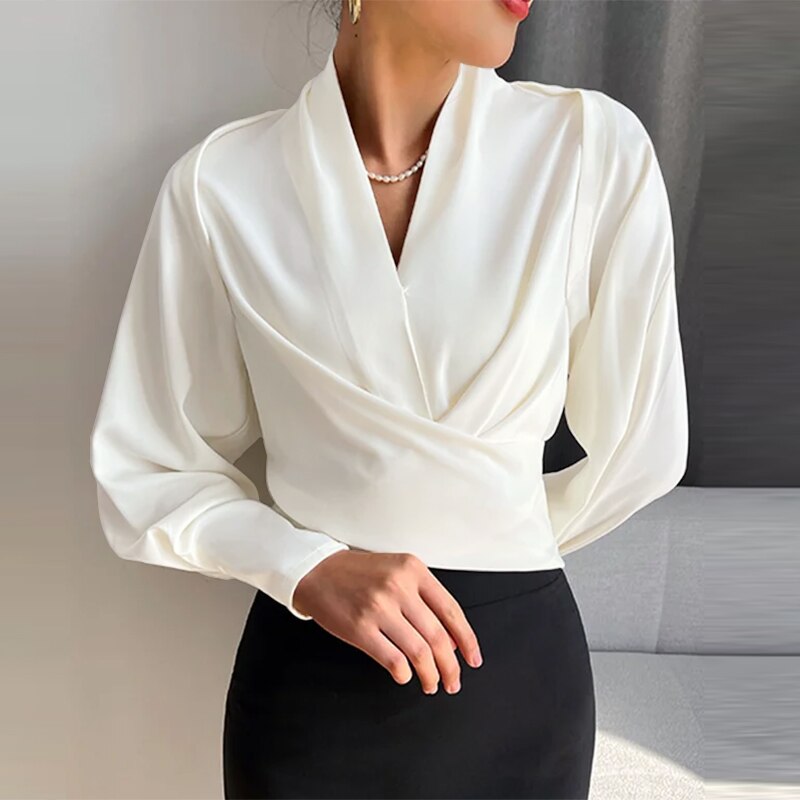 Elegant Wrap Blouse with V-Neck for Women – Puff Long Sleeves