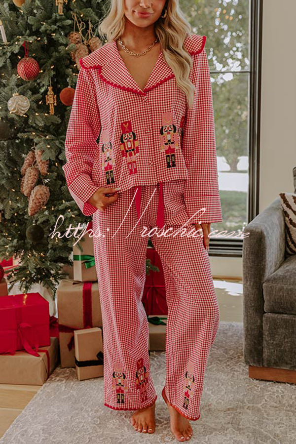Nutcracker Charm Embroidered Gingham Loose Shirt and Elastic Waist Pajama Set