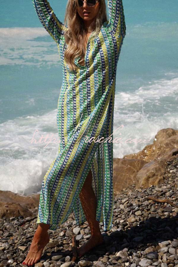 Eleanor Knit Colorful Wave Unique Print Shirt U-neck Long Sleeve Slit Maxi Dress