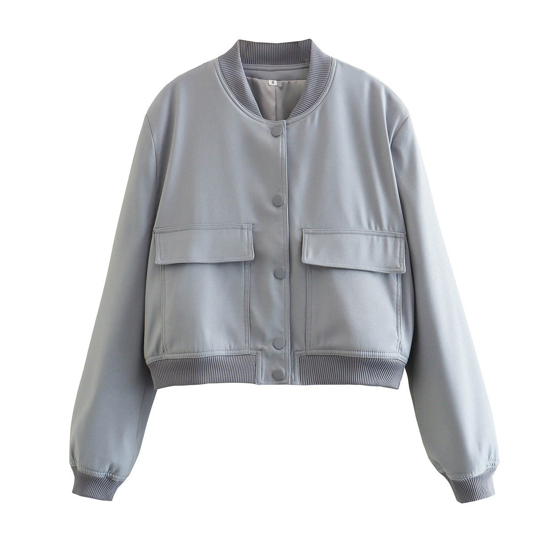 Women's Autumn Bomber Jacket with Front Pockets and Solid Color Design