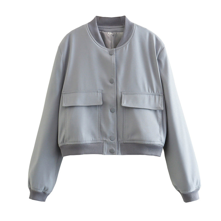 Women's Autumn Bomber Jacket with Front Pockets and Solid Color Design