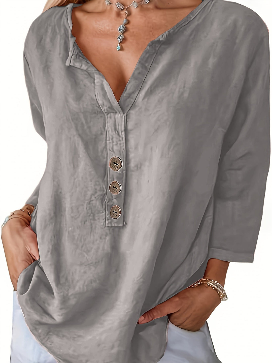 Harper™ - Relaxed V-Neck Blouse with Buttons