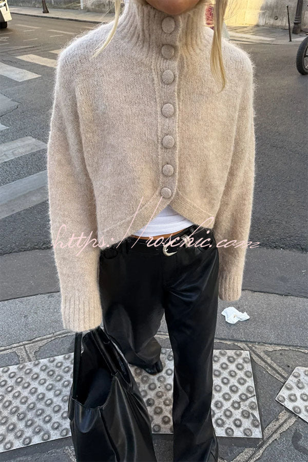 Martina Solid Color Knit High Neck Button Long Sleeve Wave Hem Crop Cardigan