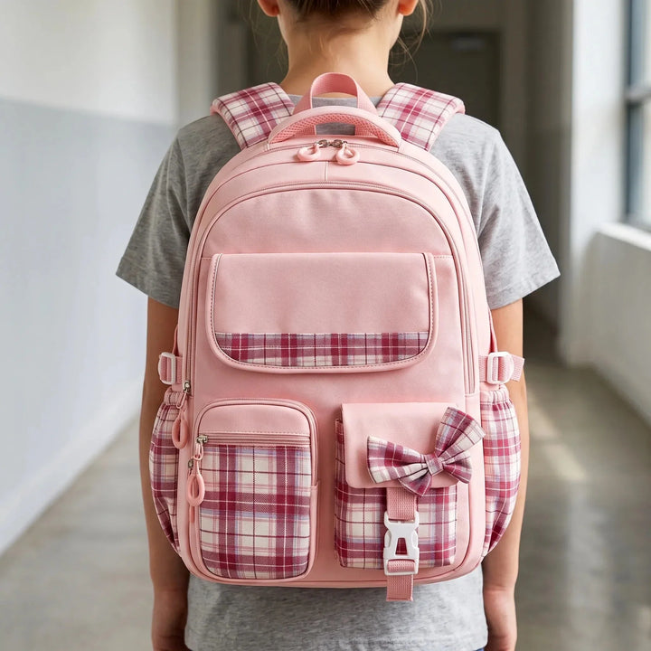 Checkered School Backpack Water-Resistant with Padded Shoulder Straps