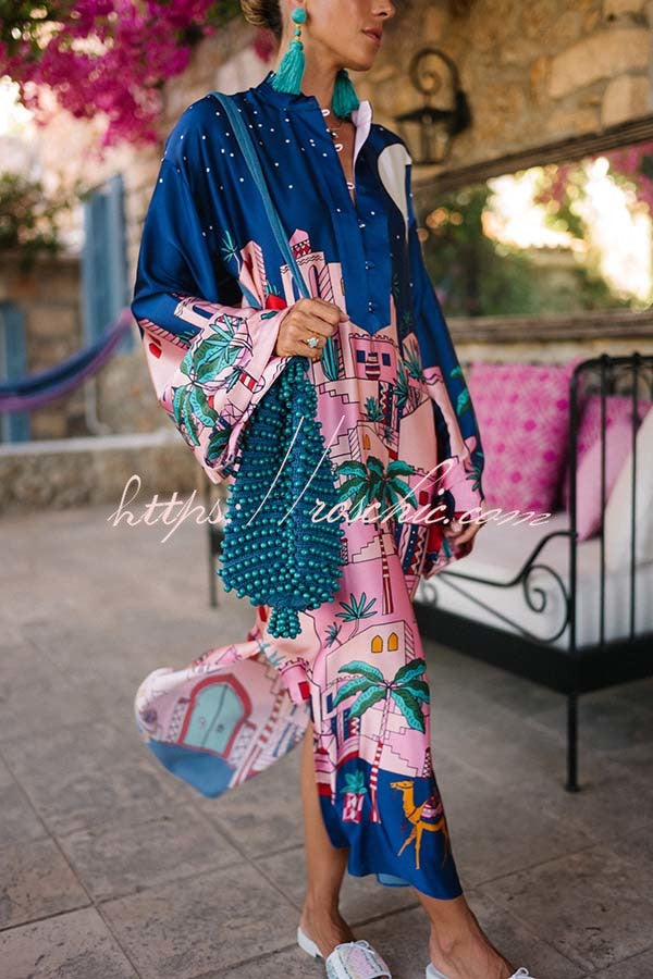 Seaside Stroll Satin Unique Print Button Up Long Sleeve Slit Kaftan Midi Dress