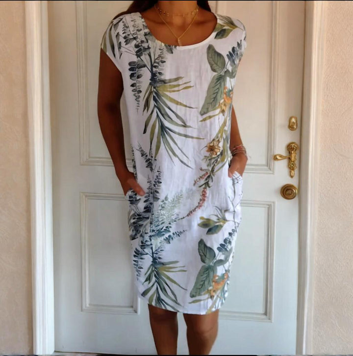 Teres Round Neck Dress with Botanical Print - Elena Harper