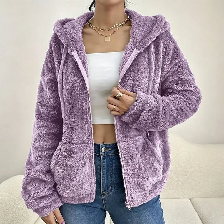 Women's Fleece Jacket with Hood and Zip Closure