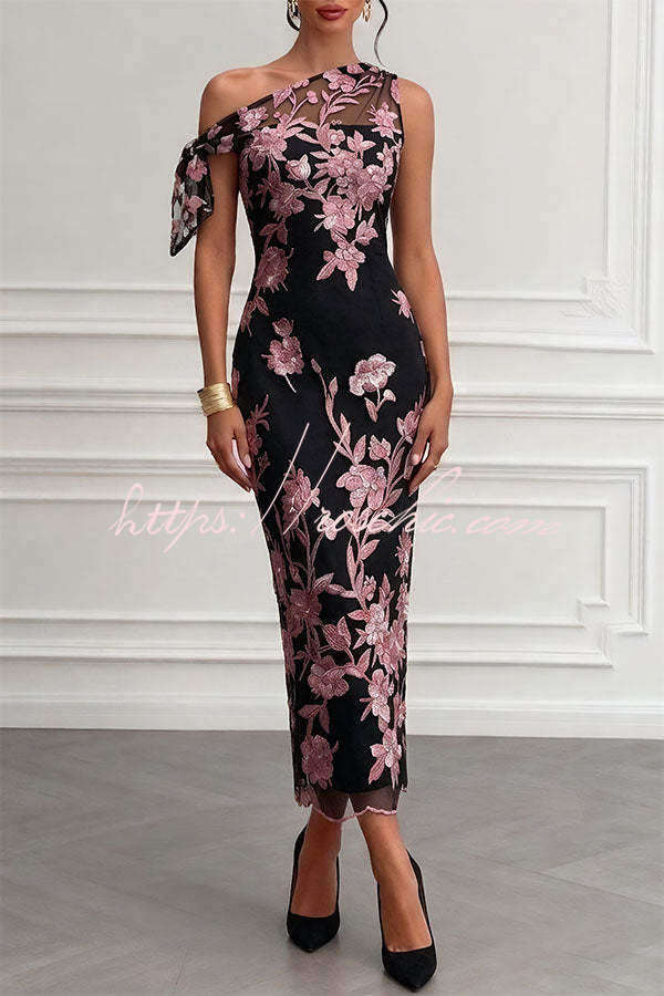 Kylen Floral Embroidery Bow Lace One Shoulder Sleeveless Sheath Maxi Dress
