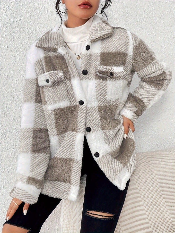 Women's Plaid Fleece Jacket with Buttons – Autumn Style