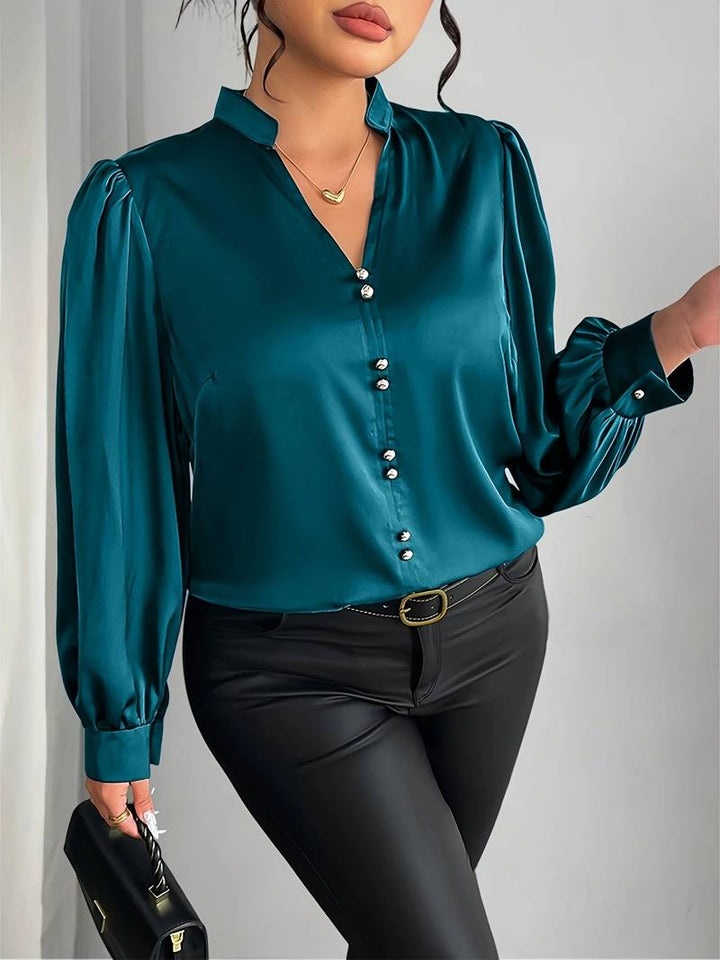 Elisheva - Elegant Bubble Sleeve Shirt With V-Neck