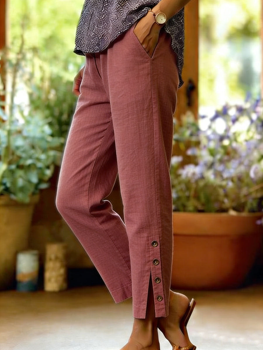 Women's Cotton Linen Casual Fit Elegant Button Slit Pants