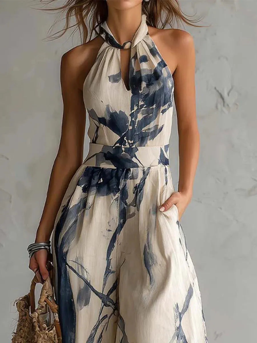 Faye - Halter Neck Ink Wash Print Wide Leg Jumpsuit With Pockets