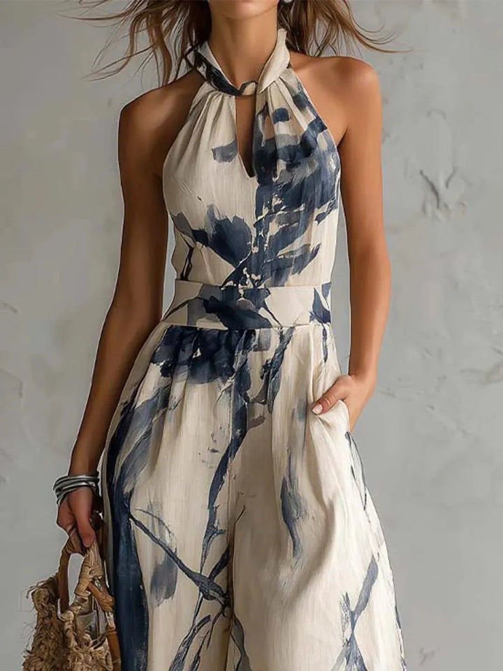 Faye - Halter Neck Ink Wash Print Wide Leg Jumpsuit With Pockets
