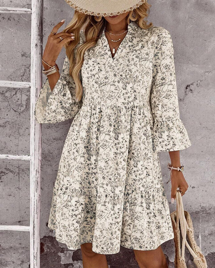 Spring Women's A-Line Dress with High Neck, Ruffled Sleeves, Floral Print, view 5 - Elena Harper