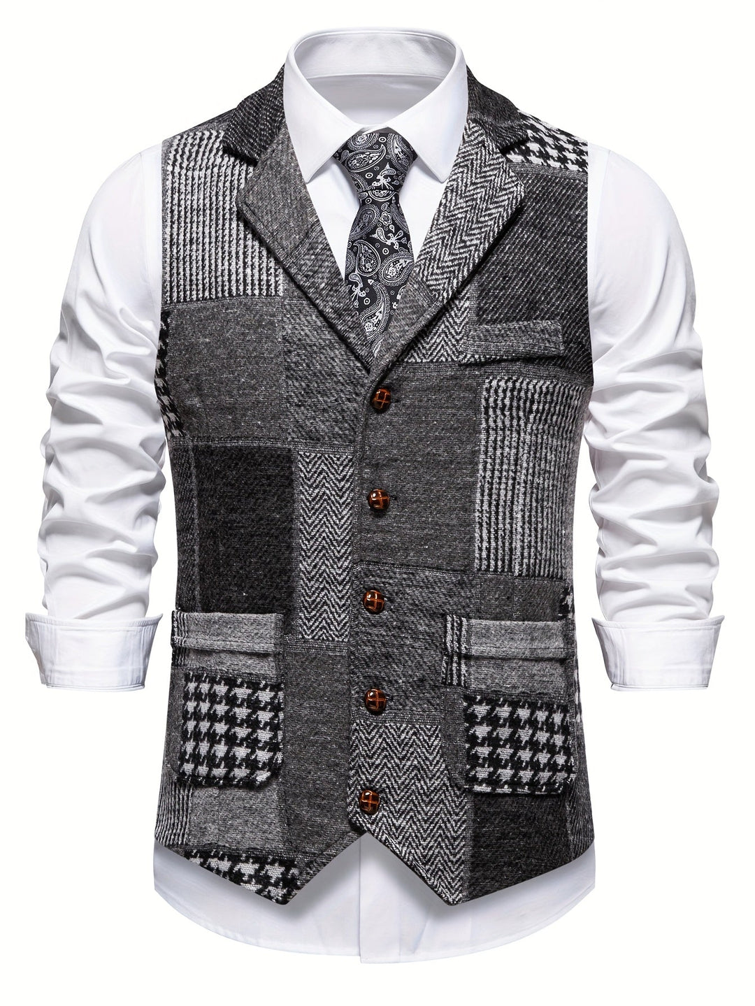 Leo Patchwork Tweed Waistcoat with Herringbone Pattern - Elena Harper