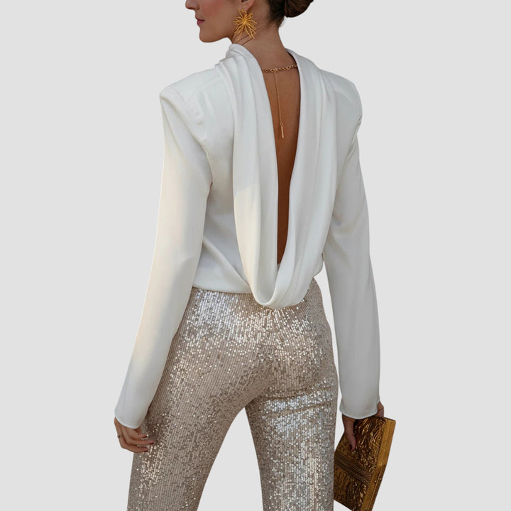 Ffion - Backless Cowl Neck Long Sleeve Blouse
