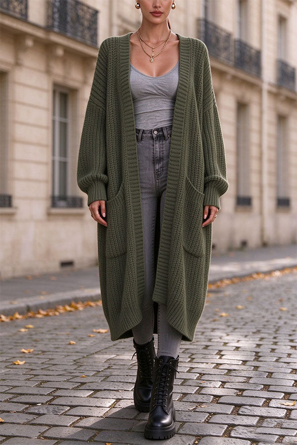 Trendy Thick Knit Open Front Long Sleeve Pocket Oversized Midi Cardigan