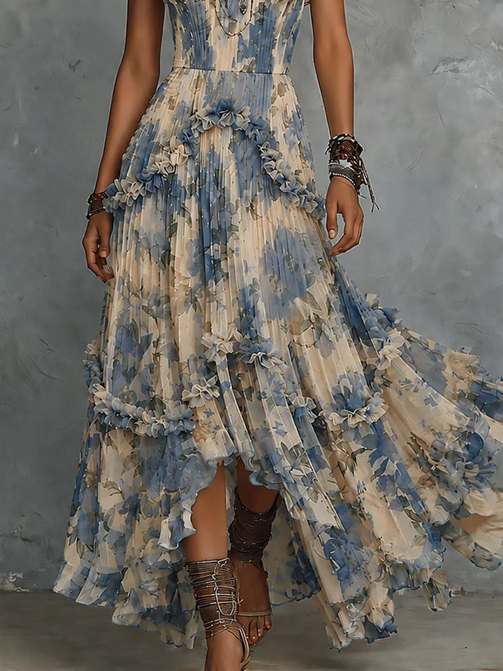 Veronica | Elegant strapless printed chiffon maxi dress with  ruffles
