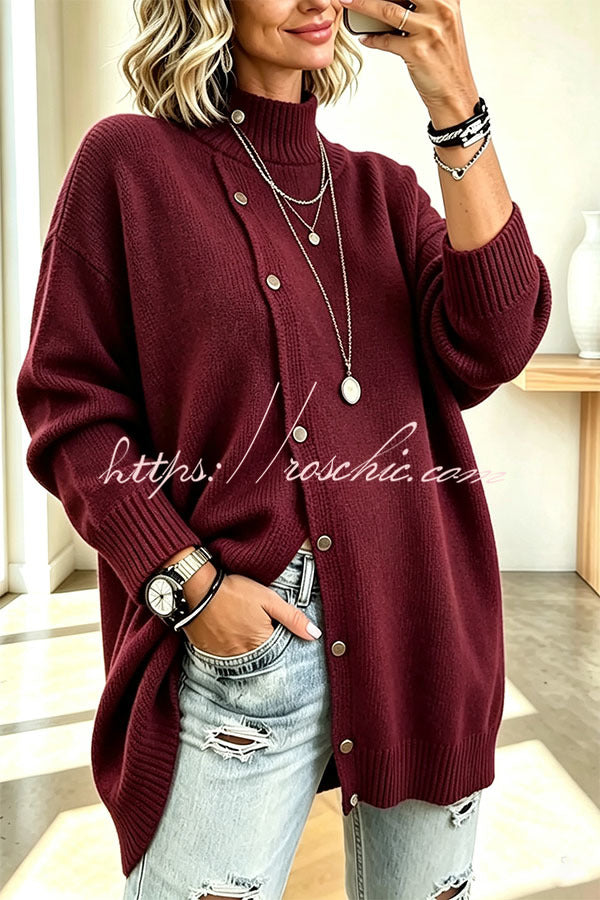 Warm Season Knit Turtleneck Button-down Long Sleeve Loose Sweater