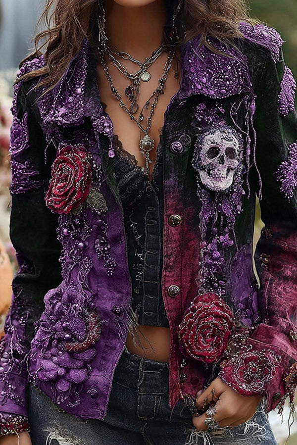 Unique Printed Lapel Long-sleeved Personalized Denim Jacket