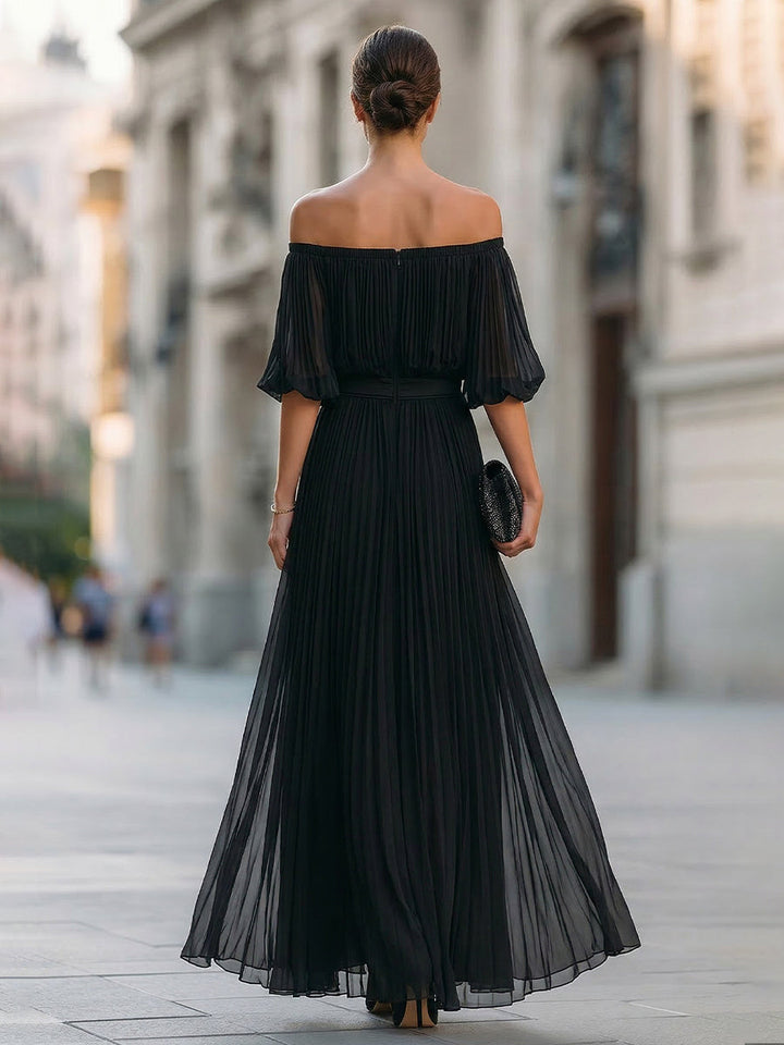 Off-Shoulder Pleated Chiffon Maxi Dress