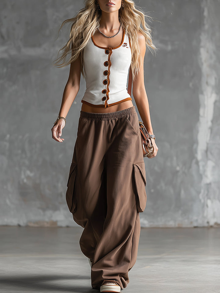 Stylish Sporty White Tank Top And Brown Sweatpants Set